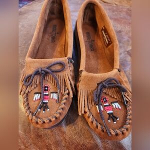 Minnetonka Dark Carmel Moccasins with Beaded Bird Design